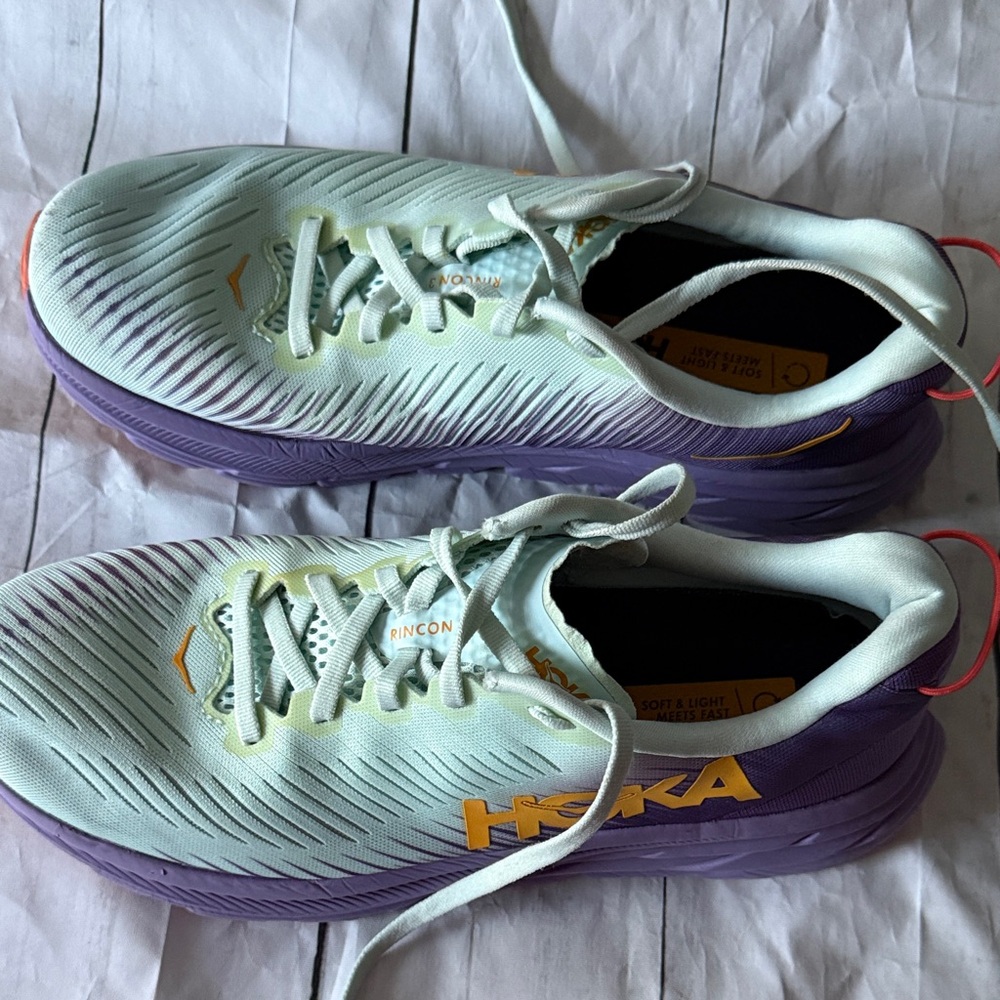 Hoka Mint and Purple Athletic Shoes Rincon 3